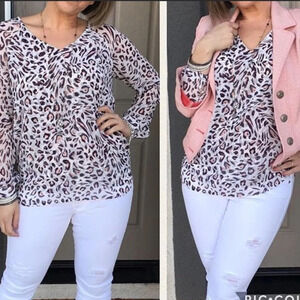 Cabi White Leopard Animal Print Chiffon Glamour Blouse Top Size Medium